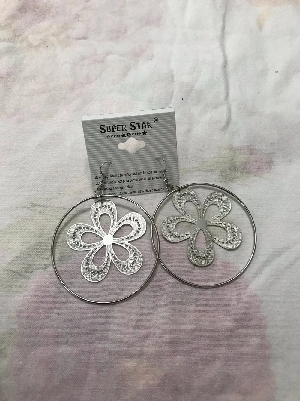 Super Star Accesories Silver Tone Flower Big Hoop Earrings